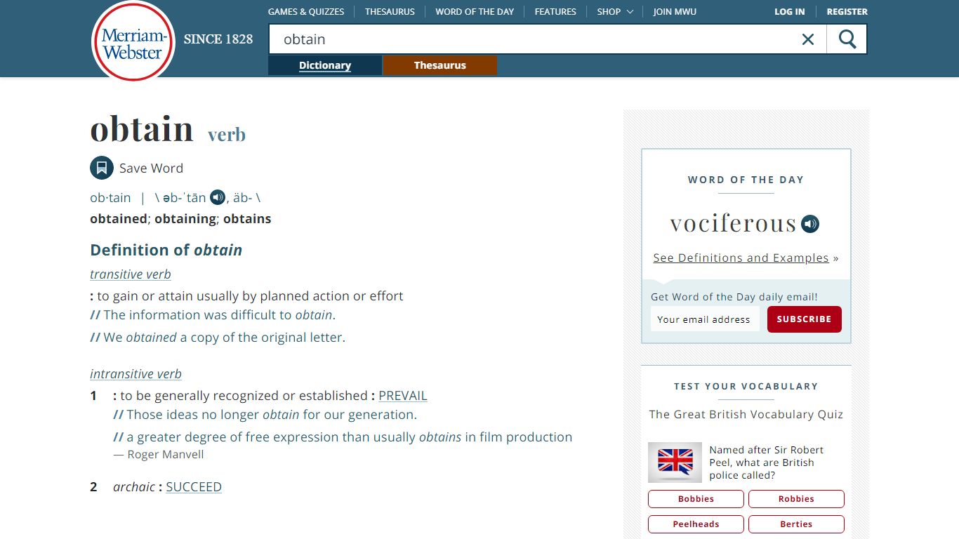 Obtain Definition & Meaning - Merriam-Webster